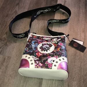 Ed Hardy White Faux Leather & Pink Metallic Bucket Crossbody Tattoo Print NWT